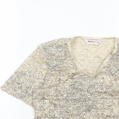 Bonmarché Womens Beige Geometric Polyester Basic T-Shirt Size S V-Neck