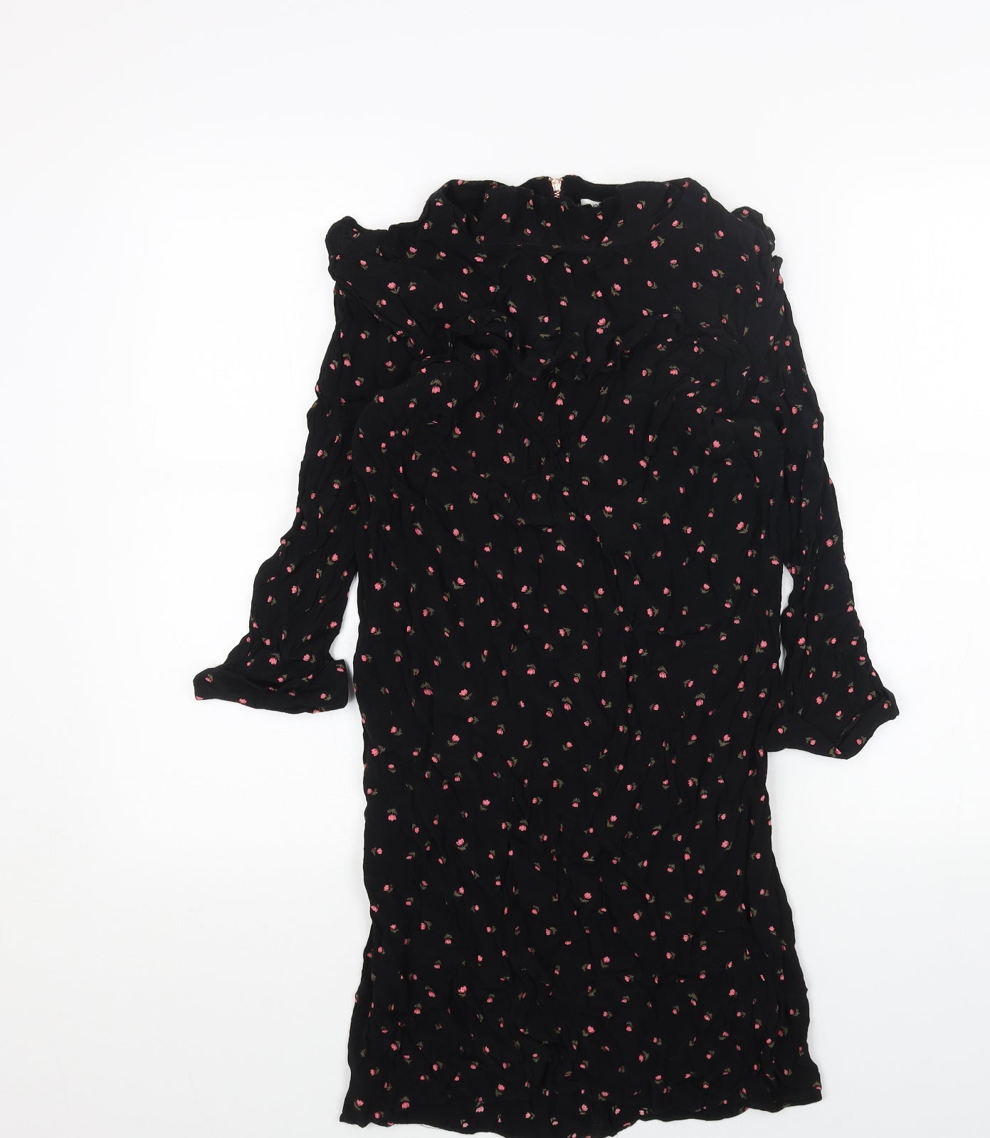 Nine Womens Black Floral Viscose A-Line Size 10 Round Neck Zip