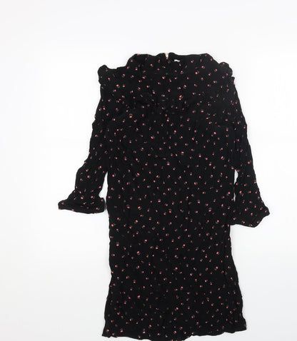 Nine Womens Black Floral Viscose A-Line Size 10 Round Neck Zip