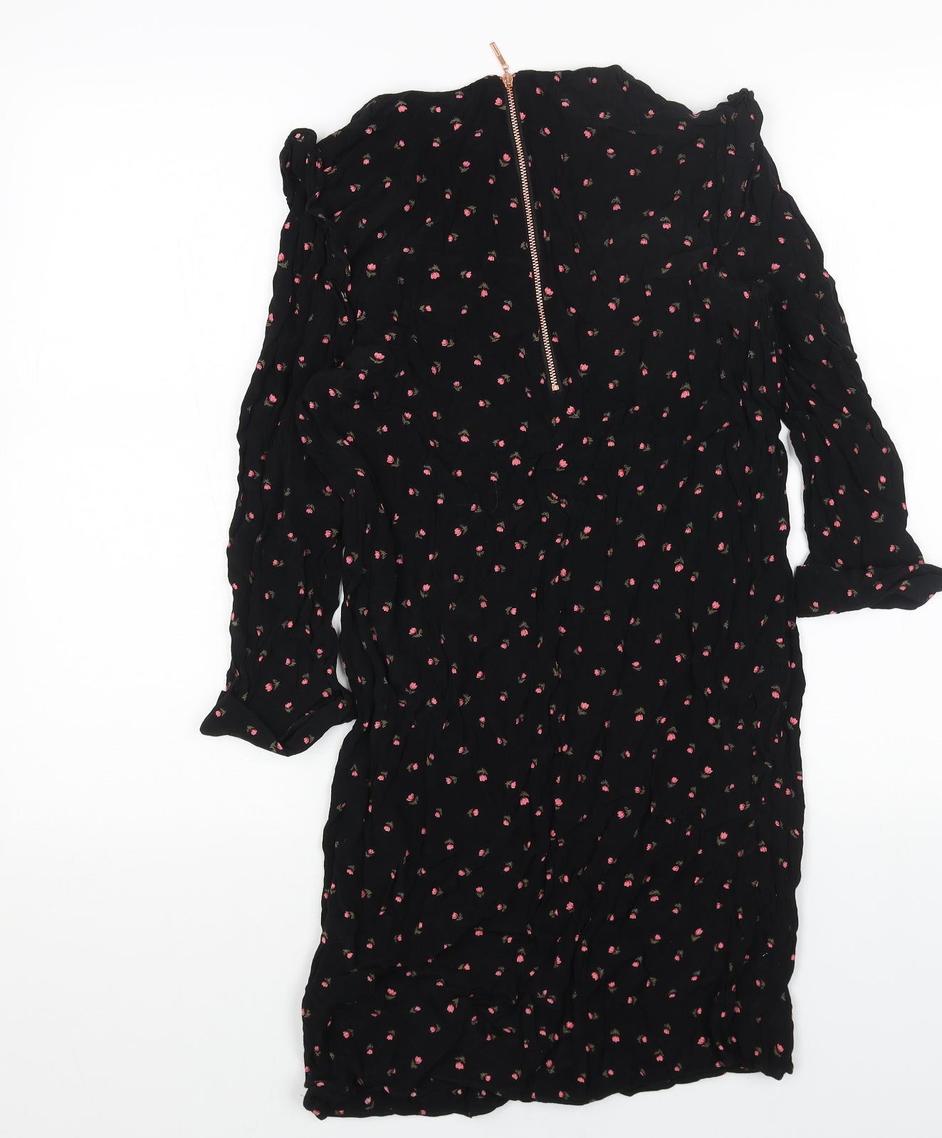 Nine Womens Black Floral Viscose A-Line Size 10 Round Neck Zip