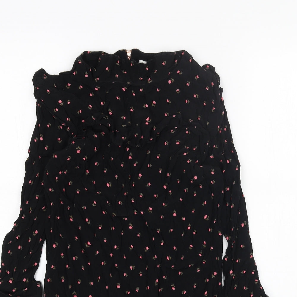 Nine Womens Black Floral Viscose A-Line Size 10 Round Neck Zip