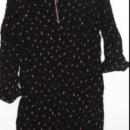 Nine Womens Black Floral Viscose A-Line Size 10 Round Neck Zip