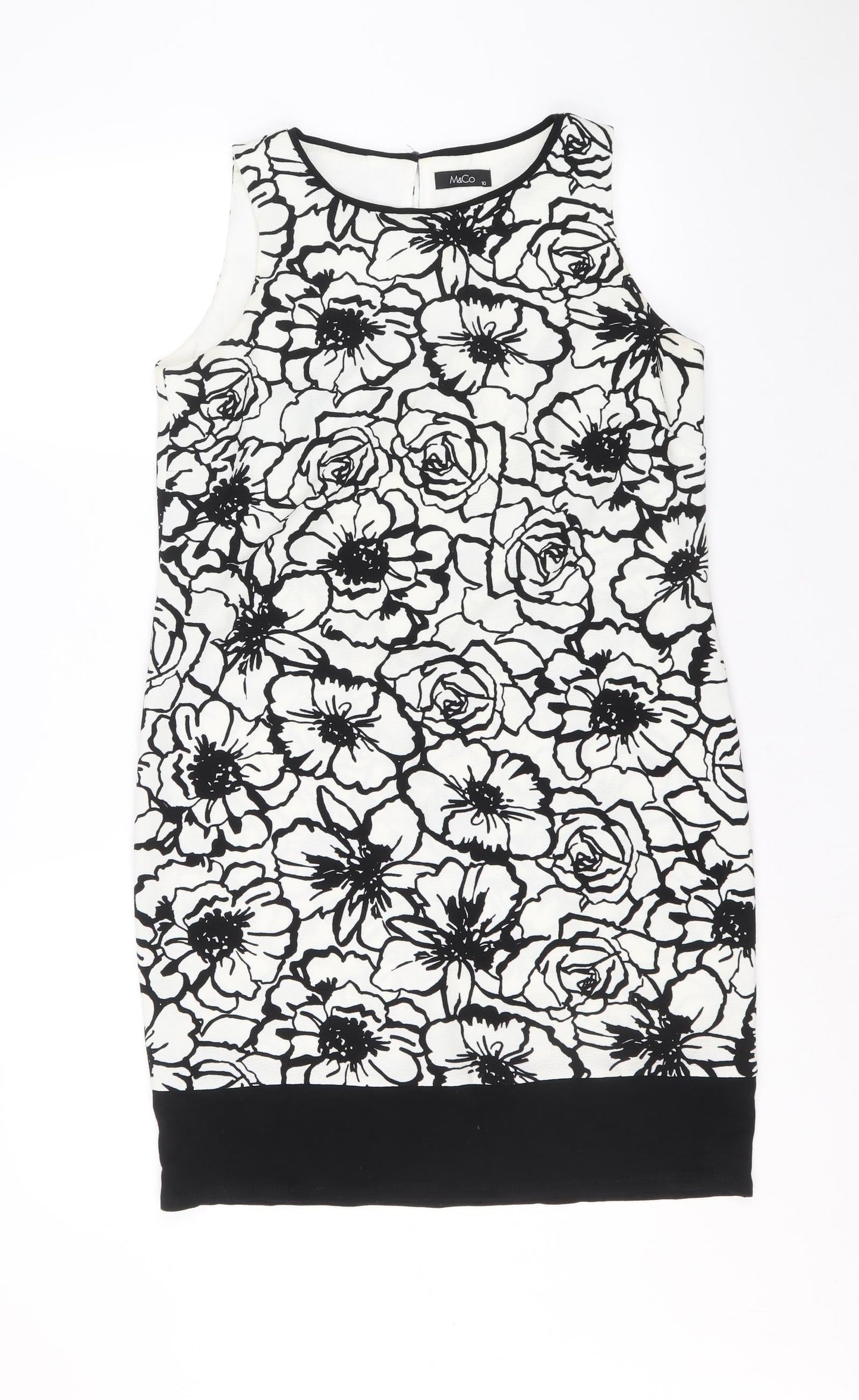 M&Co Womens Black Floral Polyester A-Line Size 10 Round Neck Button