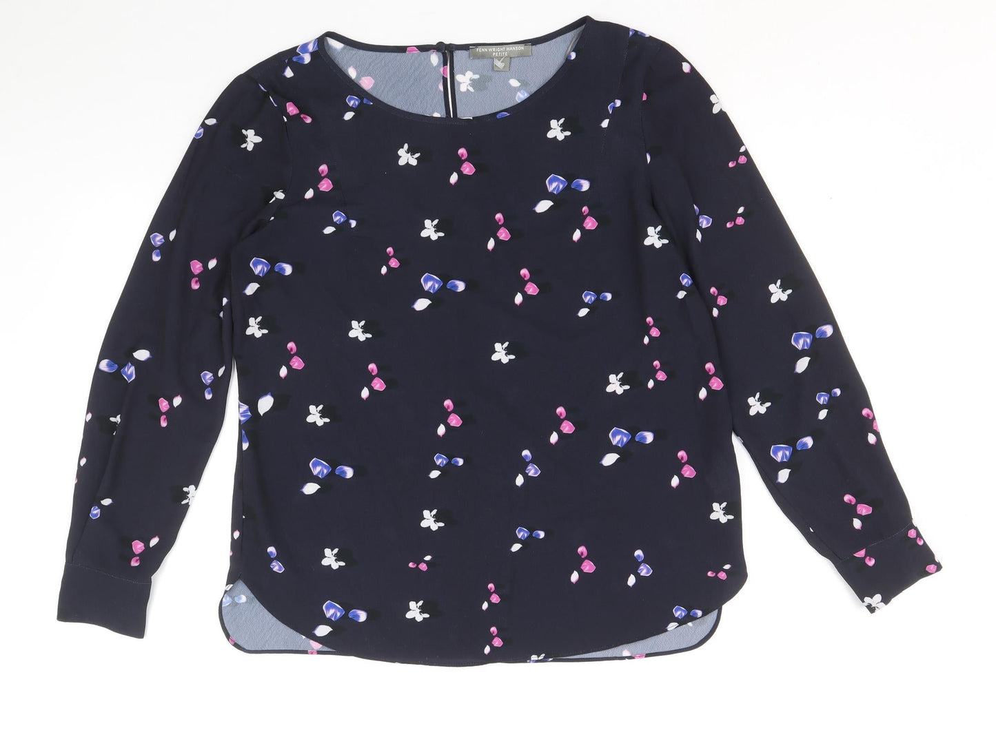 Fenn Wright Manson Womens Blue Geometric Polyacrylate Fibre Basic Blouse Size 10 Boat Neck