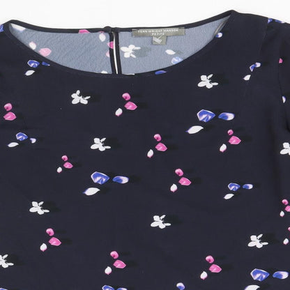 Fenn Wright Manson Womens Blue Geometric Polyacrylate Fibre Basic Blouse Size 10 Boat Neck