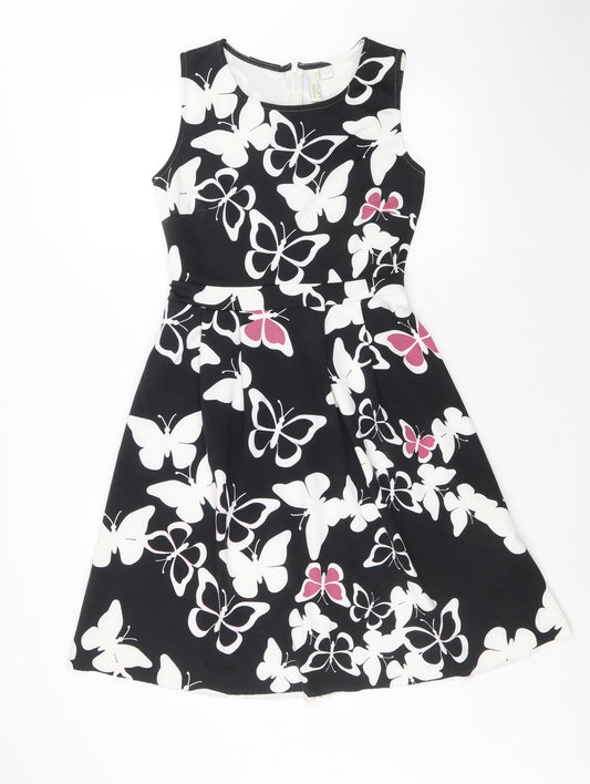 Body Flirt Womens Black Geometric Polyester Fit & Flare Size 8 Round Neck Zip - Butterfly Pattern