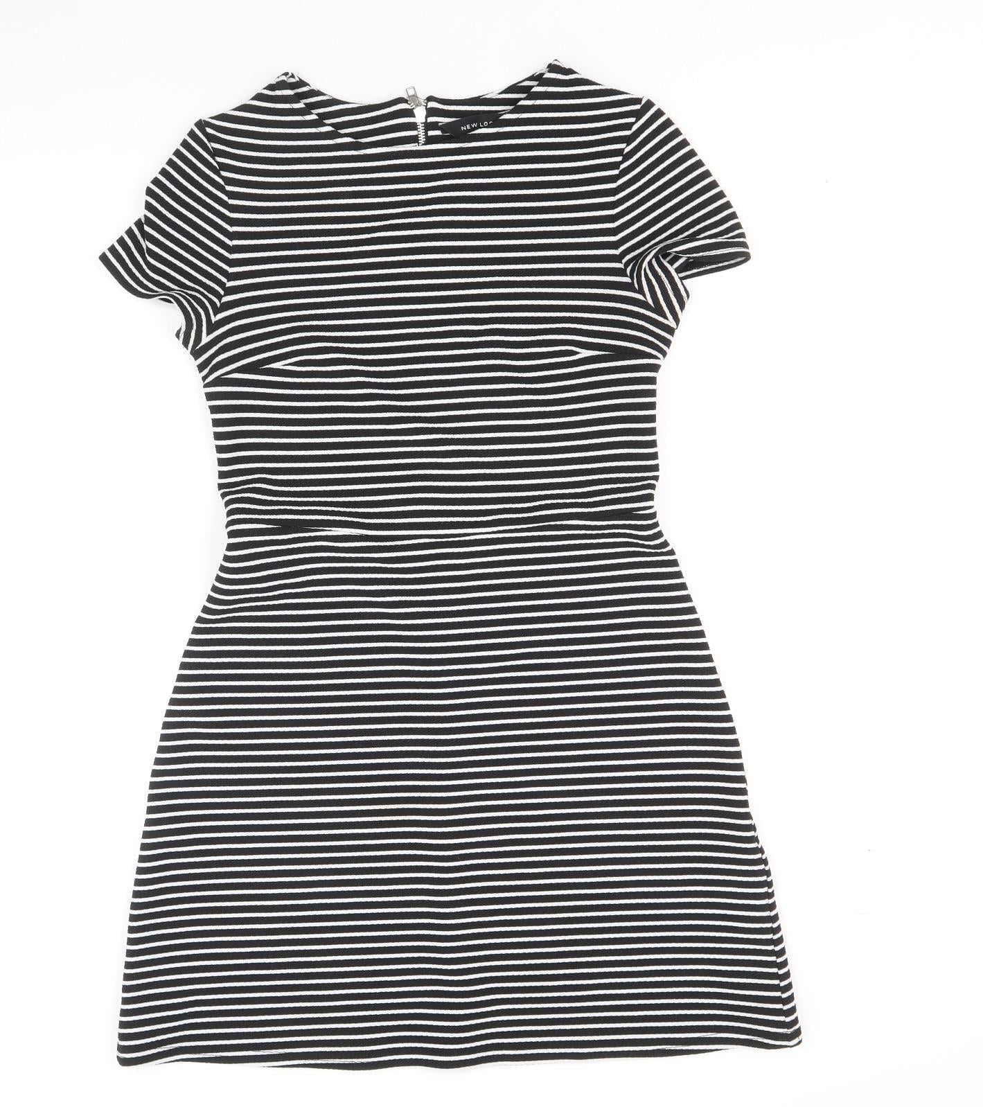 Dorothy Perkins Womens Black Striped Polyester Fit & Flare Size 10 Round Neck Zip