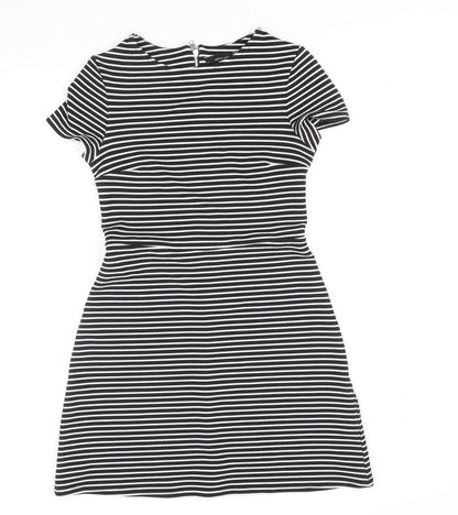 Dorothy Perkins Womens Black Striped Polyester Fit & Flare Size 10 Round Neck Zip