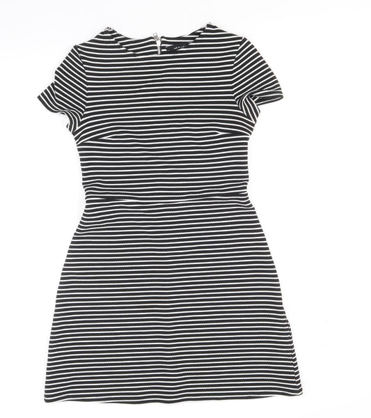 Dorothy Perkins Womens Black Striped Polyester Fit & Flare Size 10 Round Neck Zip