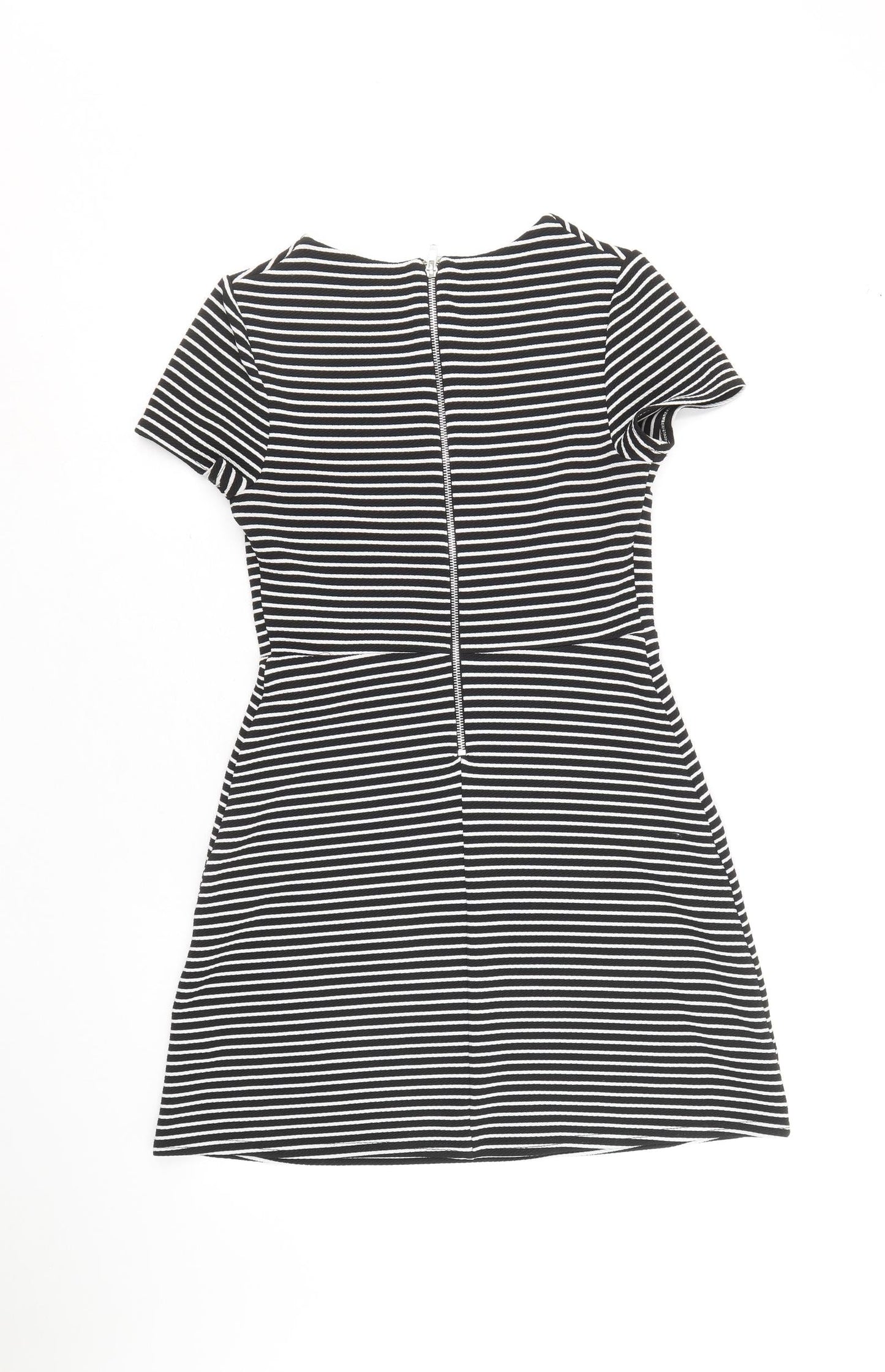 Dorothy Perkins Womens Black Striped Polyester Fit & Flare Size 10 Round Neck Zip