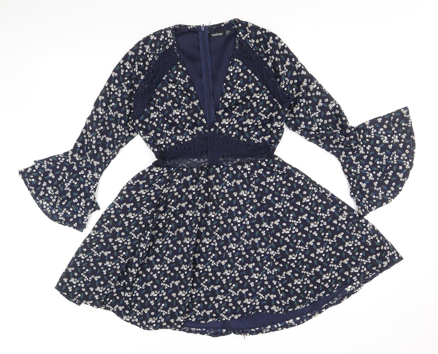 Boohoo Womens Blue Floral Polyester Fit & Flare Size 8 V-Neck Zip