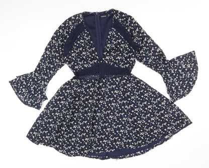 Boohoo Womens Blue Floral Polyester Fit & Flare Size 8 V-Neck Zip