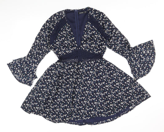 Boohoo Womens Blue Floral Polyester Fit & Flare Size 8 V-Neck Zip