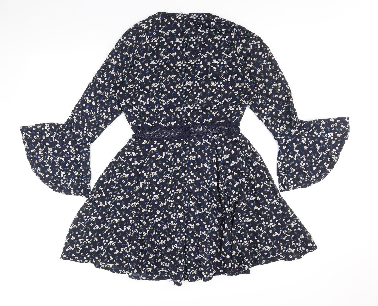 Boohoo Womens Blue Floral Polyester Fit & Flare Size 8 V-Neck Zip