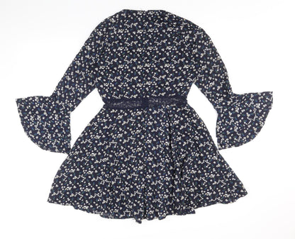 Boohoo Womens Blue Floral Polyester Fit & Flare Size 8 V-Neck Zip