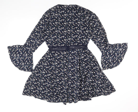 Boohoo Womens Blue Floral Polyester Fit & Flare Size 8 V-Neck Zip