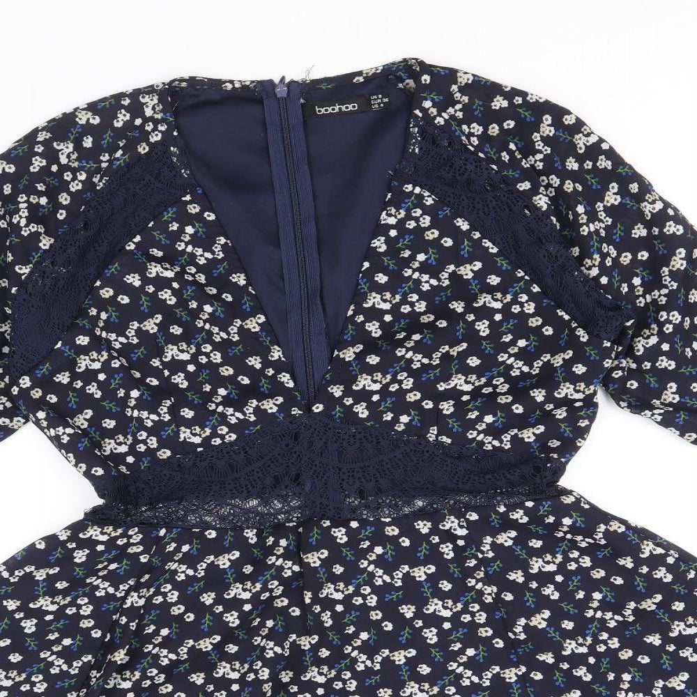 Boohoo Womens Blue Floral Polyester Fit & Flare Size 8 V-Neck Zip