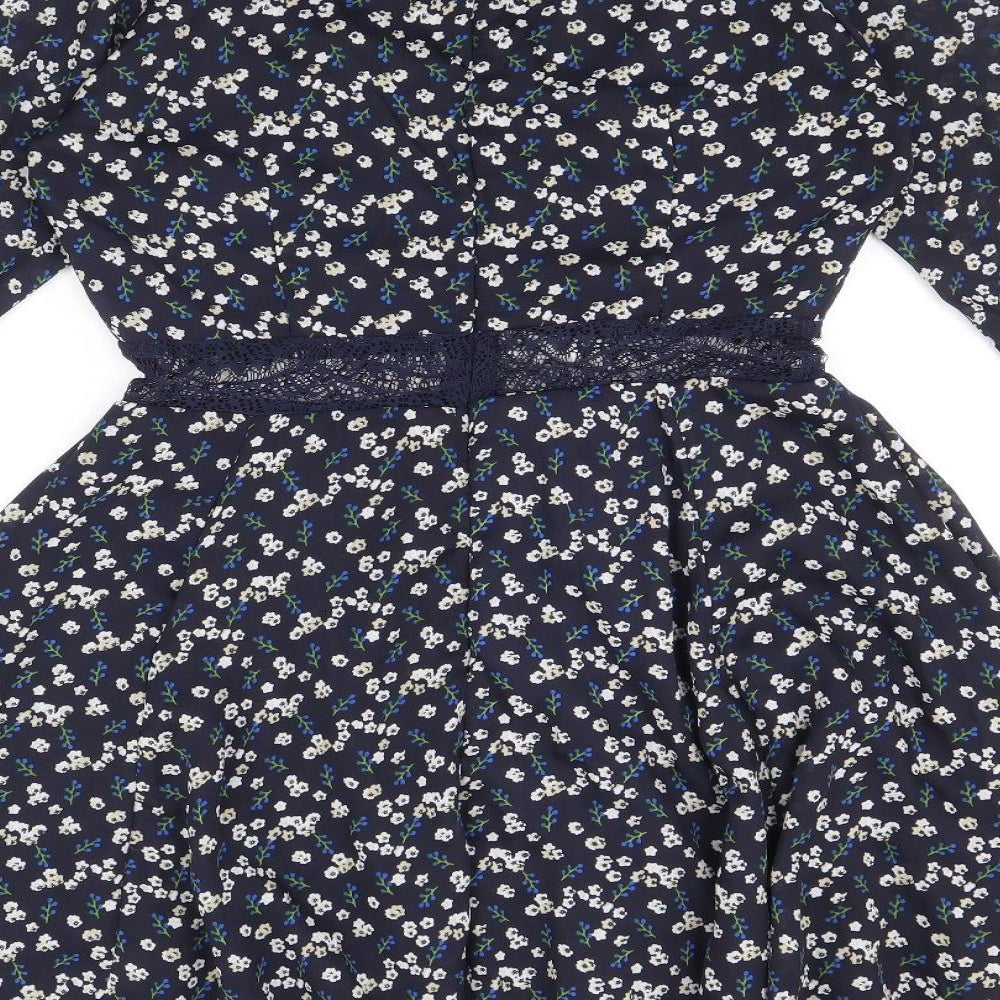 Boohoo Womens Blue Floral Polyester Fit & Flare Size 8 V-Neck Zip