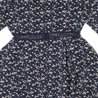 Boohoo Womens Blue Floral Polyester Fit & Flare Size 8 V-Neck Zip