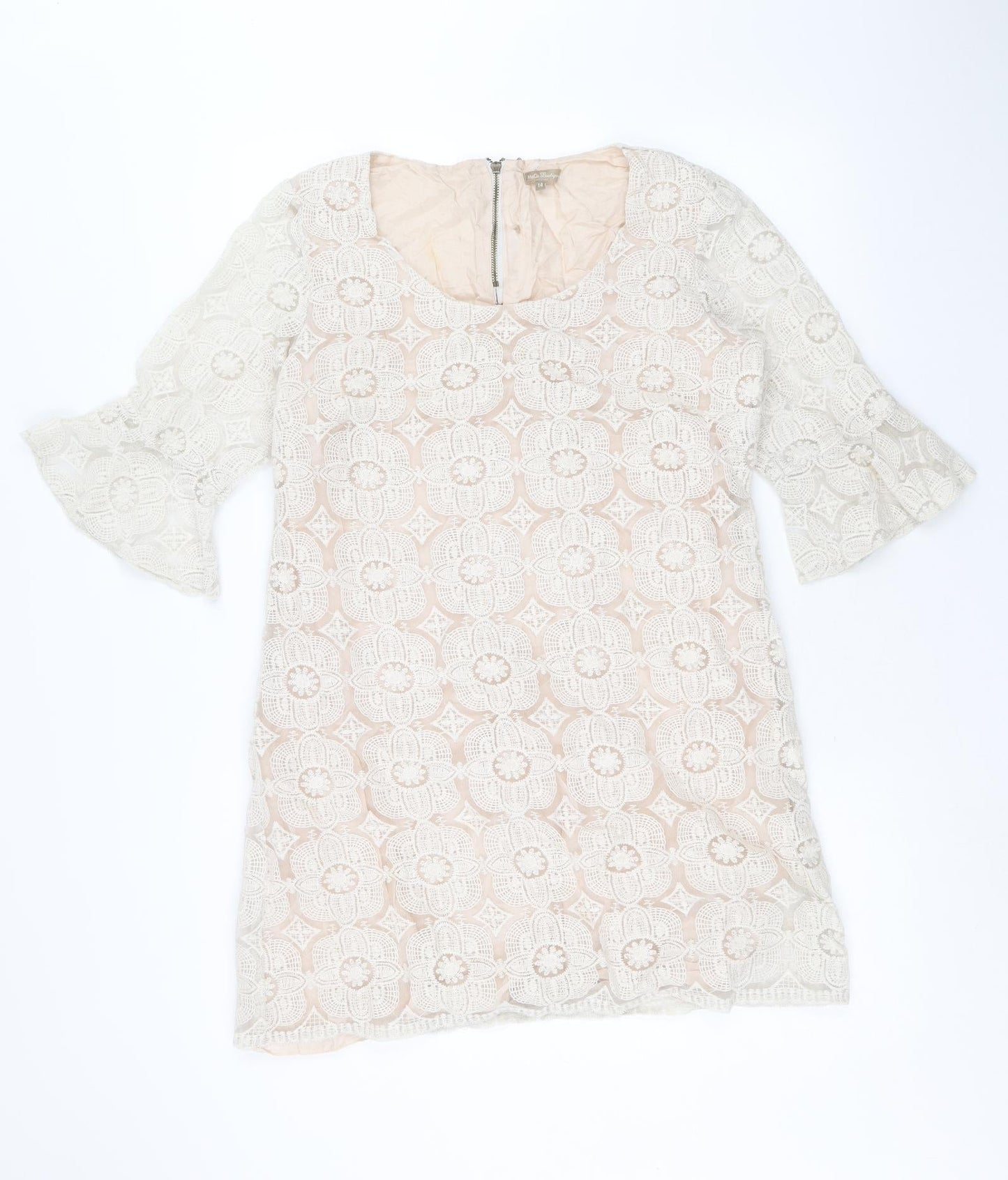 M&Co Womens Ivory Geometric Nylon A-Line Size 14 Round Neck Zip