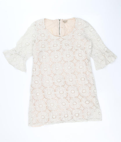M&Co Womens Ivory Geometric Nylon A-Line Size 14 Round Neck Zip
