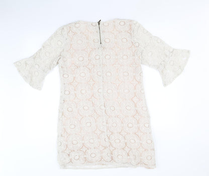 M&Co Womens Ivory Geometric Nylon A-Line Size 14 Round Neck Zip