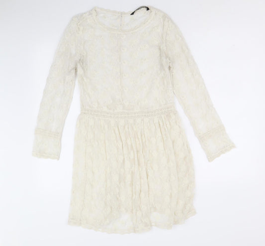 Zara Womens Ivory Geometric Polyester Fit & Flare Size S Round Neck Button