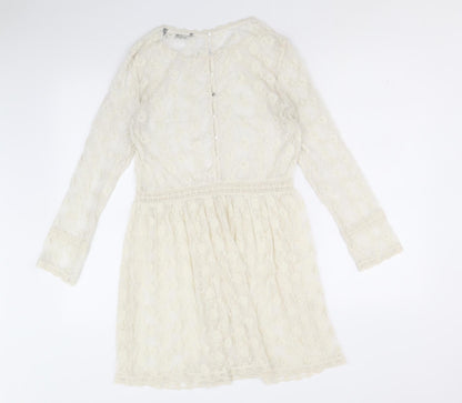 Zara Womens Ivory Geometric Polyester Fit & Flare Size S Round Neck Button