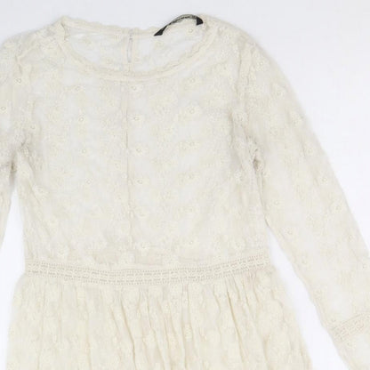 Zara Womens Ivory Geometric Polyester Fit & Flare Size S Round Neck Button