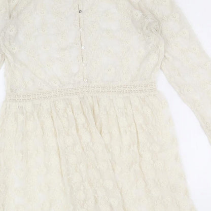 Zara Womens Ivory Geometric Polyester Fit & Flare Size S Round Neck Button