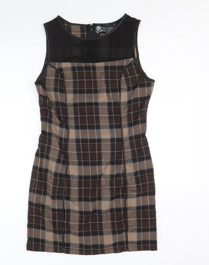 Parisian Womens Beige Plaid Polyester A-Line Size M Round Neck