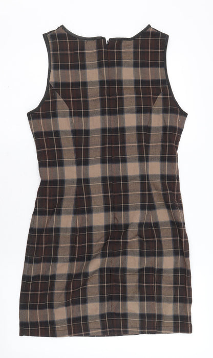 Parisian Womens Beige Plaid Polyester A-Line Size M Round Neck