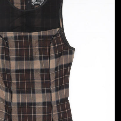Parisian Womens Beige Plaid Polyester A-Line Size M Round Neck