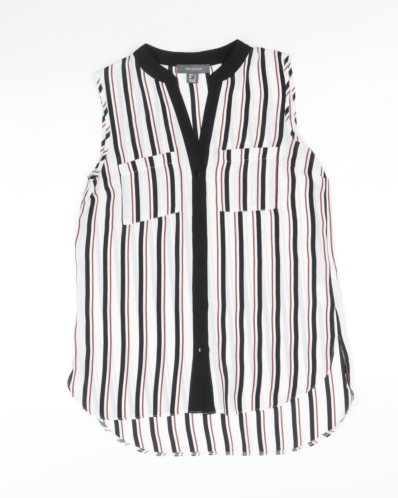 Primark Womens White Striped Polyester Basic Button-Up Size 8 V-Neck