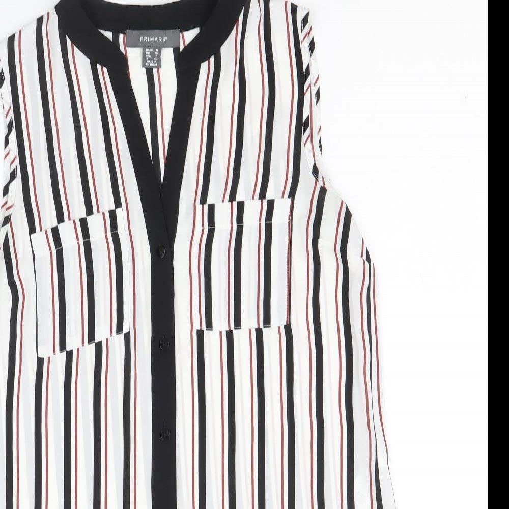 Primark Womens White Striped Polyester Basic Button-Up Size 8 V-Neck