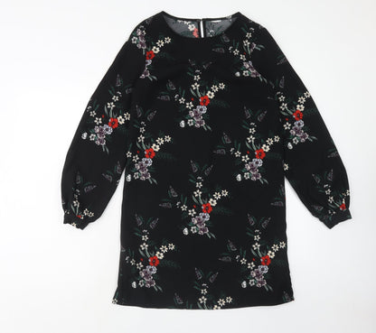 H&M Womens Blue Floral Polyester A-Line Size 8 Round Neck Button
