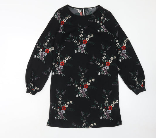 H&M Womens Blue Floral Polyester A-Line Size 8 Round Neck Button