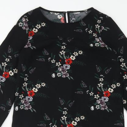 H&M Womens Blue Floral Polyester A-Line Size 8 Round Neck Button