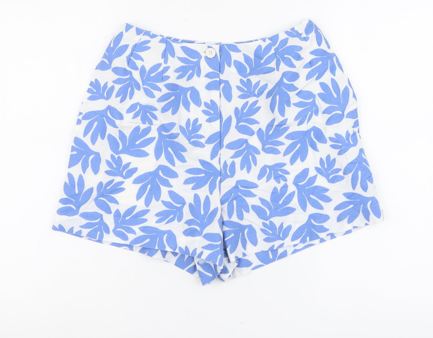 Marks and Spencer Womens Blue Geometric Cotton Hot Pants Shorts Size 8 L3 in Regular Button