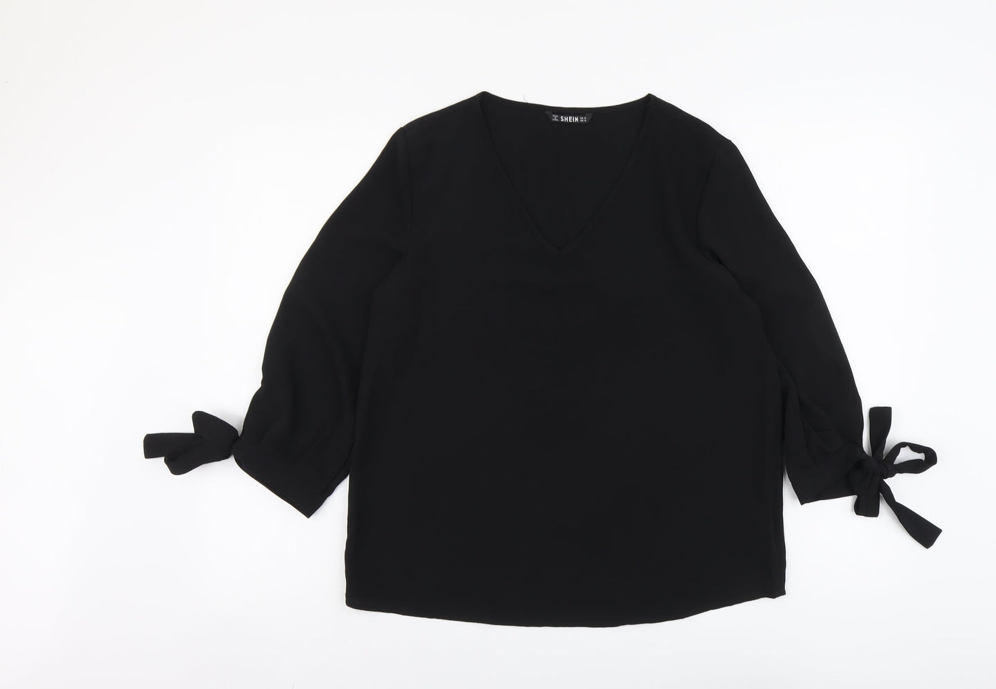 SheIn Womens Black Polyester Basic Blouse Size M V-Neck - Sleeve Tie Detail