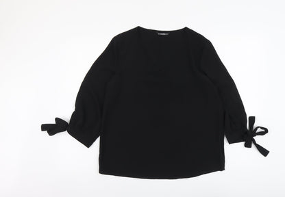 SheIn Womens Black Polyester Basic Blouse Size M V-Neck - Sleeve Tie Detail