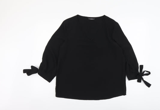 SheIn Womens Black Polyester Basic Blouse Size M V-Neck - Sleeve Tie Detail