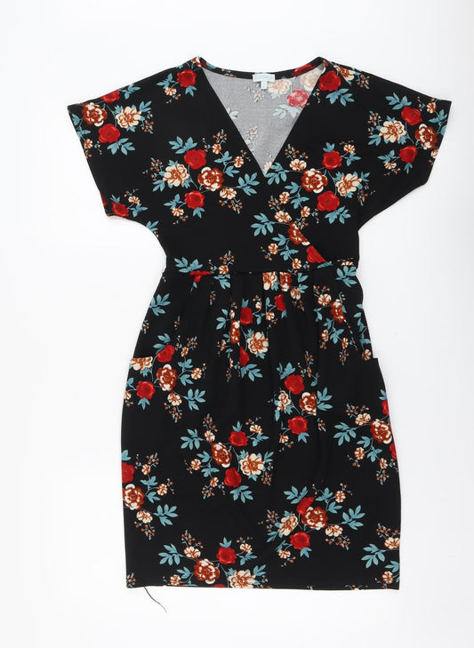 Blue Vanilla Womens Black Floral Polyester A-Line Size 8 V-Neck Pullover