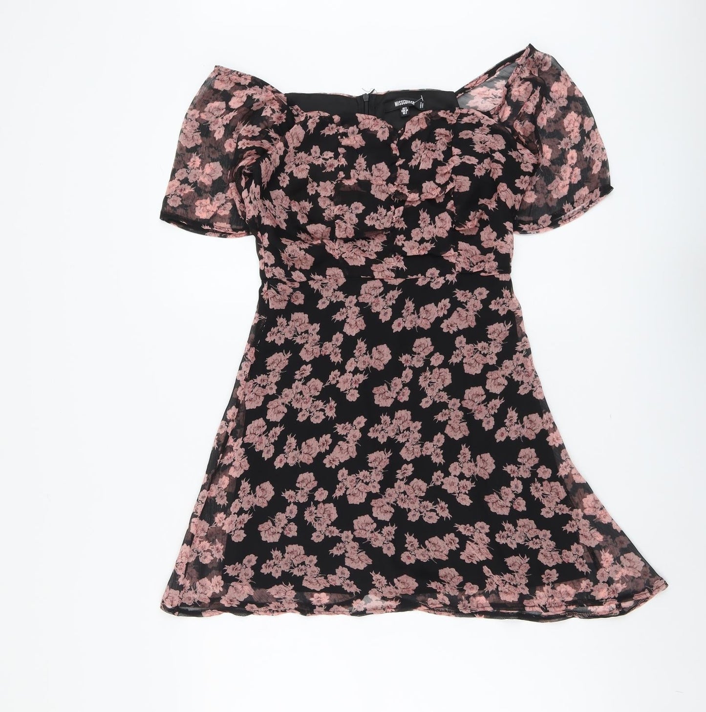 Missguided Womens Black Floral Polyester Trapeze & Swing Size 6 Off the Shoulder Zip