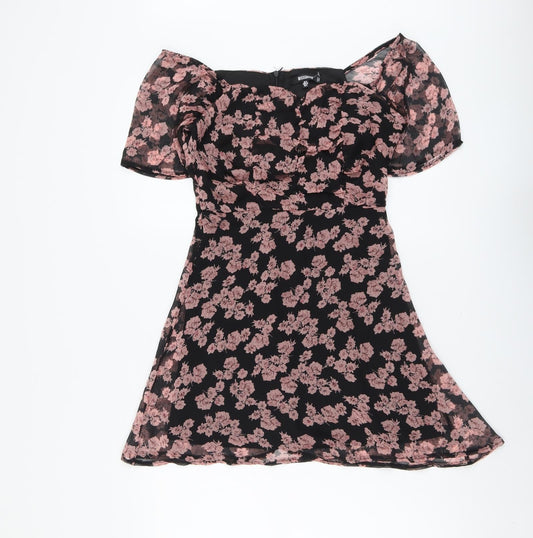 Missguided Womens Black Floral Polyester Trapeze & Swing Size 6 Off the Shoulder Zip