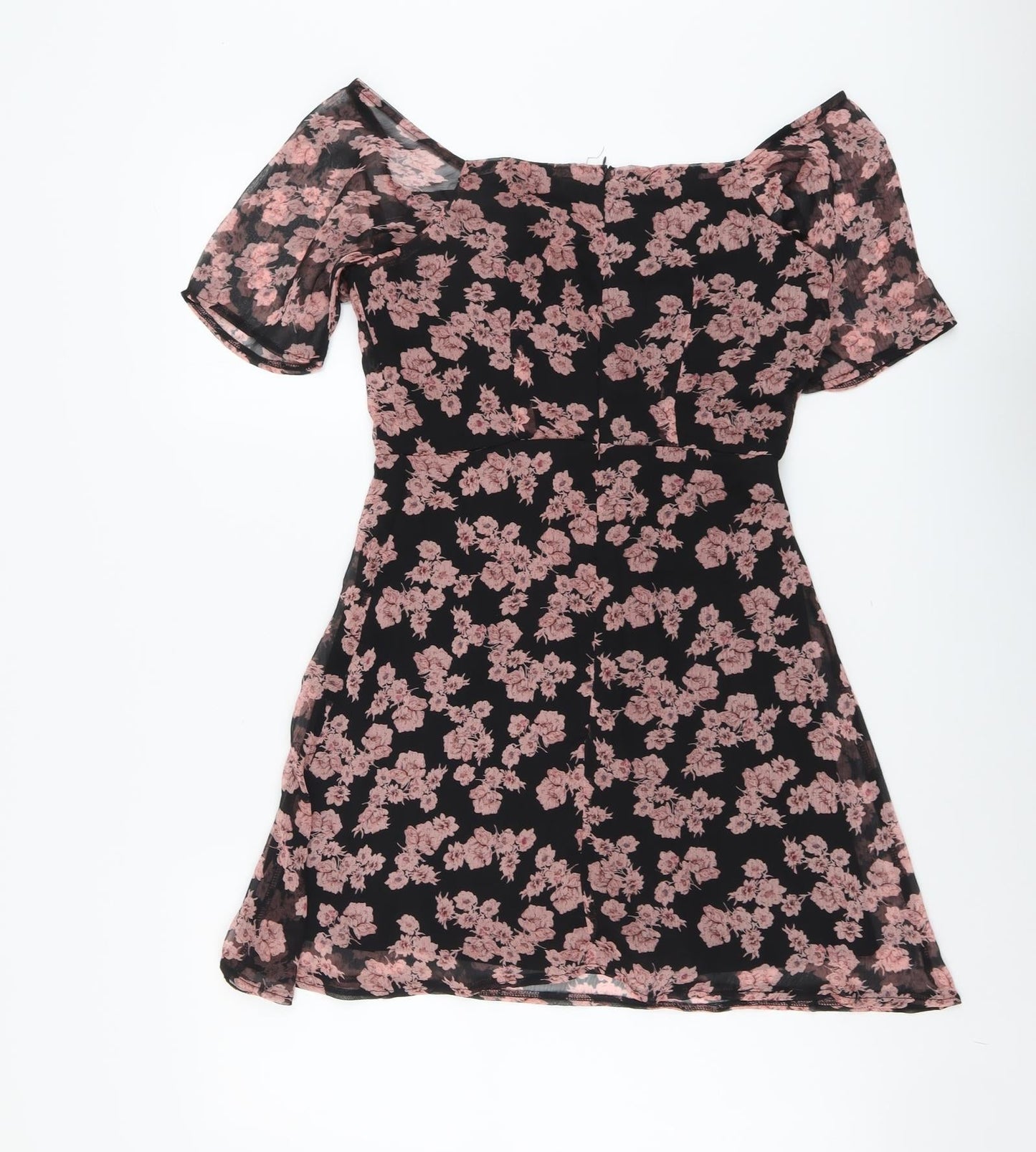 Missguided Womens Black Floral Polyester Trapeze & Swing Size 6 Off the Shoulder Zip