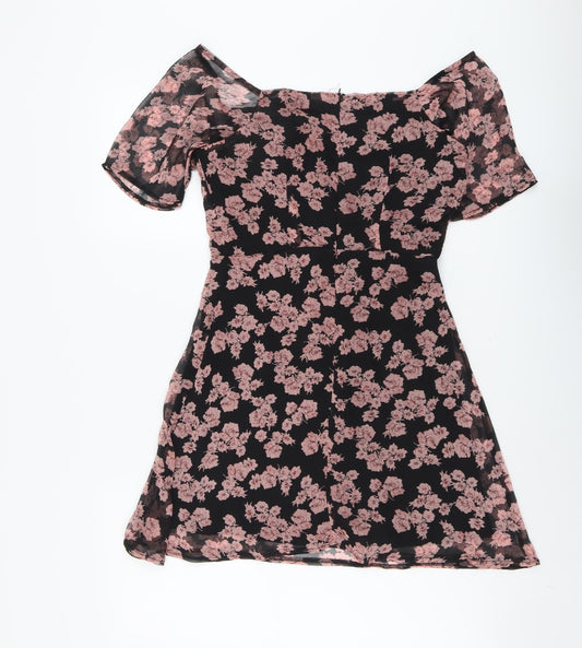 Missguided Womens Black Floral Polyester Trapeze & Swing Size 6 Off the Shoulder Zip