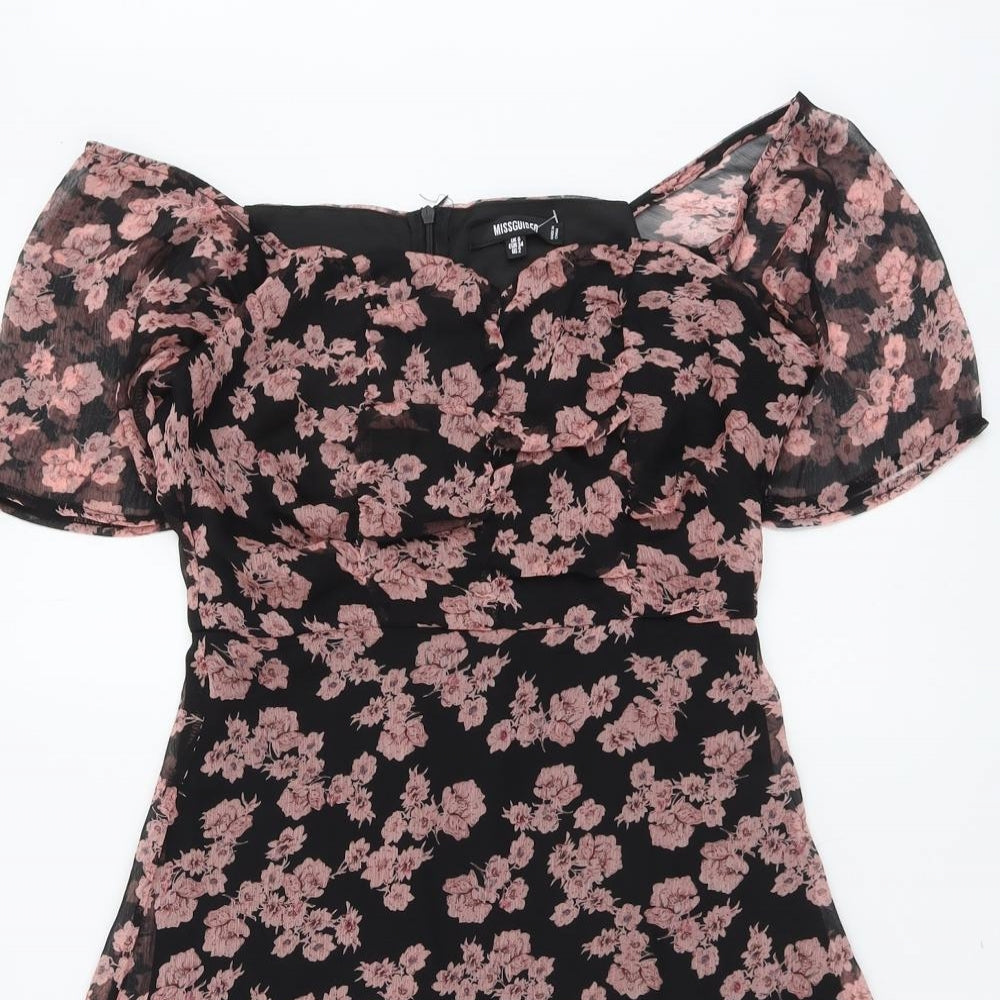 Missguided Womens Black Floral Polyester Trapeze & Swing Size 6 Off the Shoulder Zip