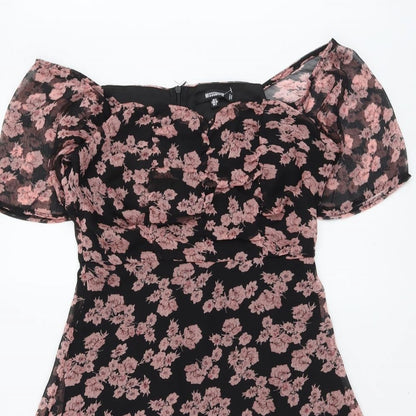 Missguided Womens Black Floral Polyester Trapeze & Swing Size 6 Off the Shoulder Zip