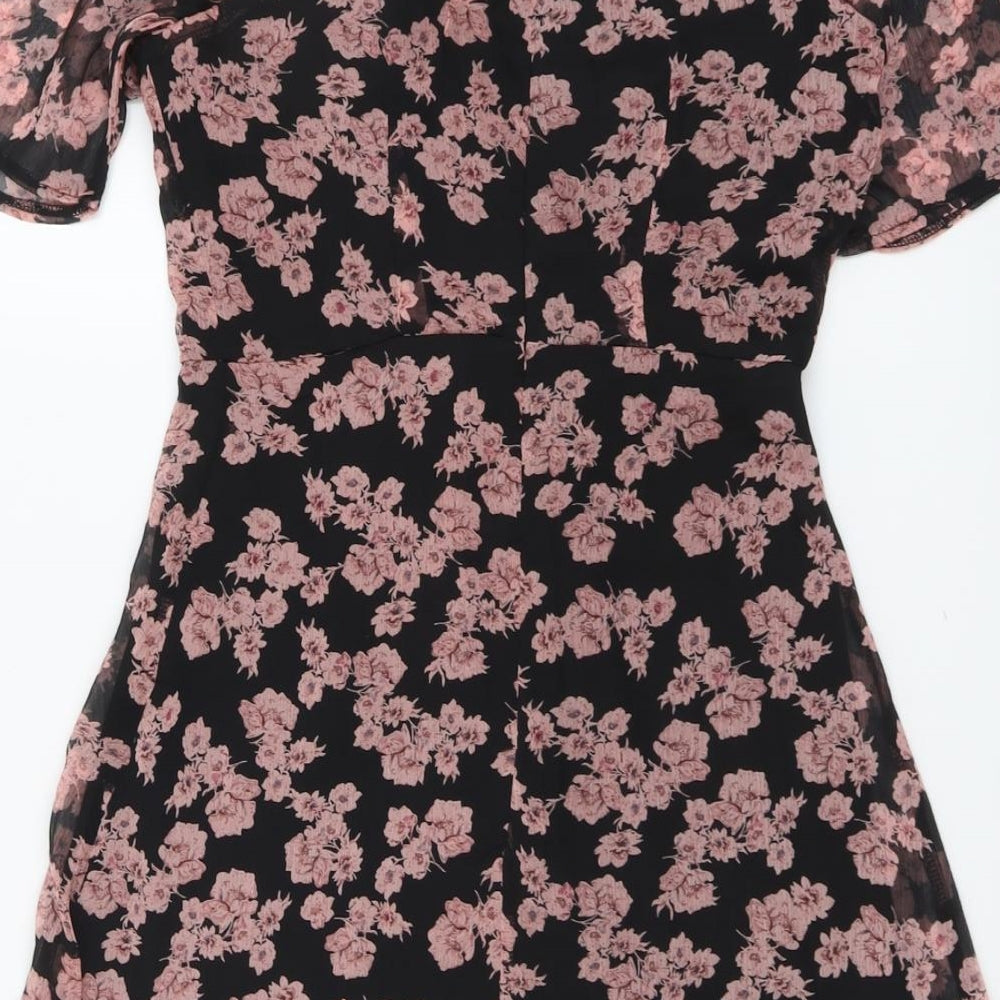 Missguided Womens Black Floral Polyester Trapeze & Swing Size 6 Off the Shoulder Zip